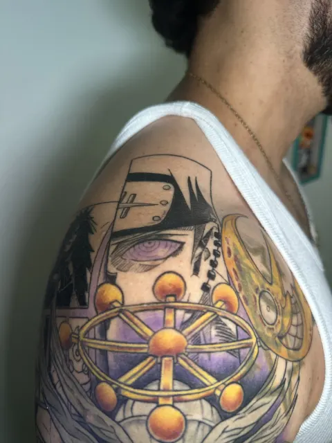 Anime shoulder piece built around a pale-eyed shinobi and a golden ringed device over purple