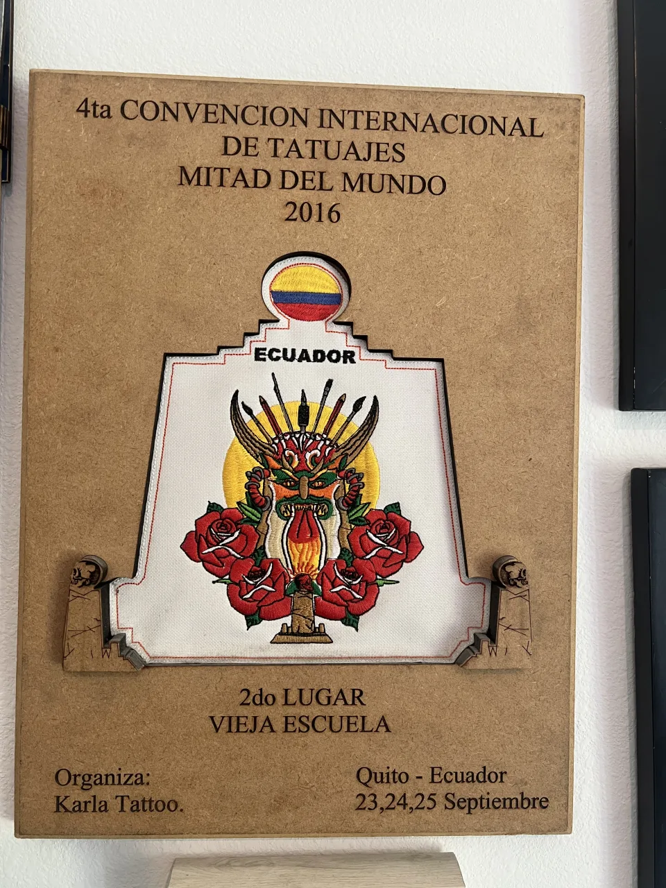 Plaque from the 4th International Tattoo Convention Mitad del Mundo 2016 in Quito, second place old school