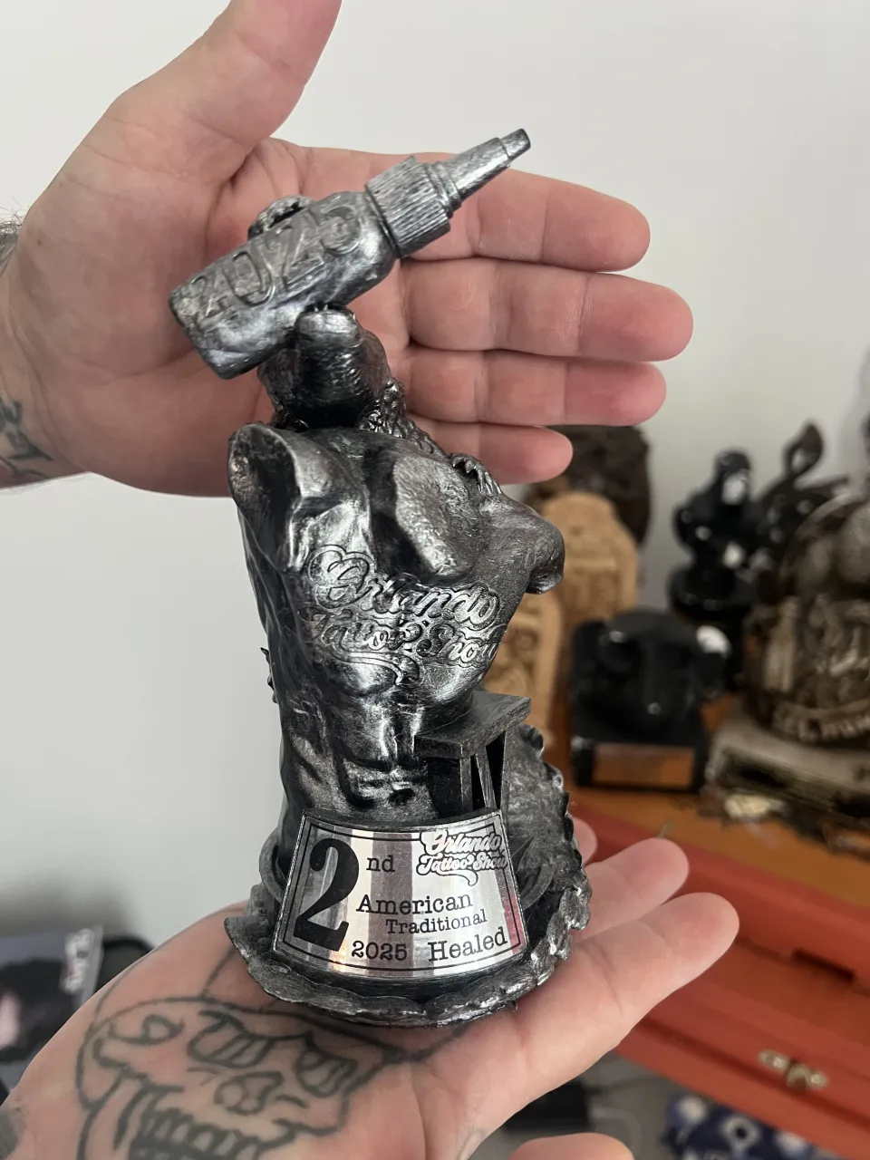 Trophy engraved Orlando Tattoo Show, second place, American Traditional, healed, 2025