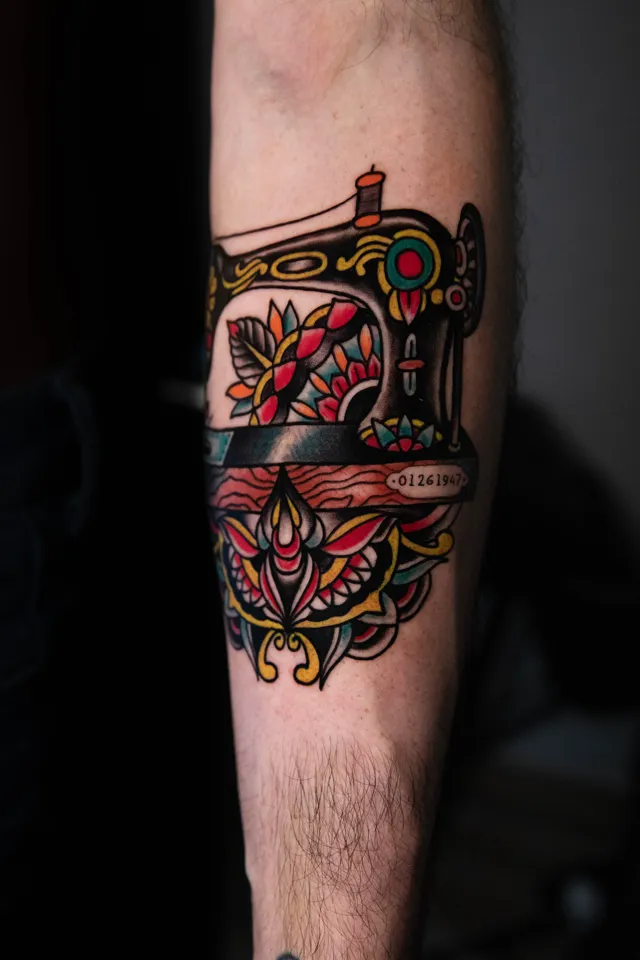 Traditional forearm tattoo of a vintage tattoo machine with ornamental flourishes